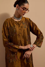 Olive crushed silk short kurta set with hand block print, highlighted with multi colored thread embroidery.