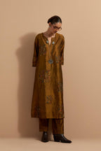 Olive crushed silk hand block printed straight kurta set, highlighted with multi colored thread embroidery.