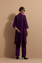 Purple crushed silk A-line short kurta set with hand block print, highlighted with multi colored thread embroidery.