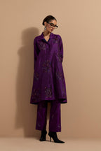 Purple crushed silk A-line short kurta set with hand block print, highlighted with multi colored thread embroidery.