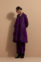 Purple crushed silk A-line short kurta set with hand block print, highlighted with multi colored thread embroidery.
