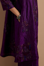 Purple crushed silk A-line short kurta set with hand block print, highlighted with multi colored thread embroidery.