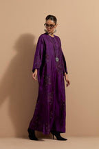 Purple crushed silk hand block printed long kaftan, highlighted with multi colored thread embroidery, paired with Red hand crushed block printed silk stole with quilted embroidery and beaded tassels.