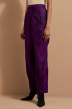 Purple crushed silk hand block printed pants with pin tucks detailing at hem.