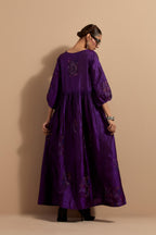 Purple crushed silk hand block printed long dress, highlighted with multi colored thread embroidery, paired with Mauve hand crushed block printed silk stole with quilted embroidery and beaded tassels.