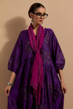 Mauve hand crushed block printed silk stole with quilted embroidery and beaded tassels.