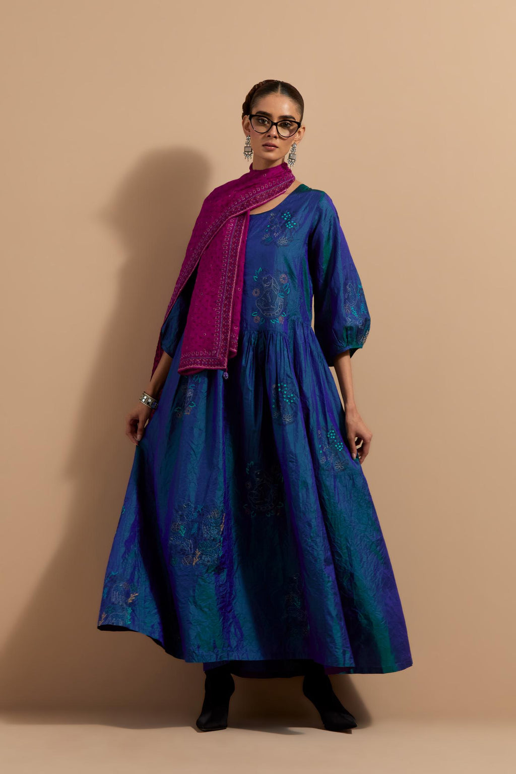 Teal blue crushed silk hand block printed long dress, highlighted with – Kora India