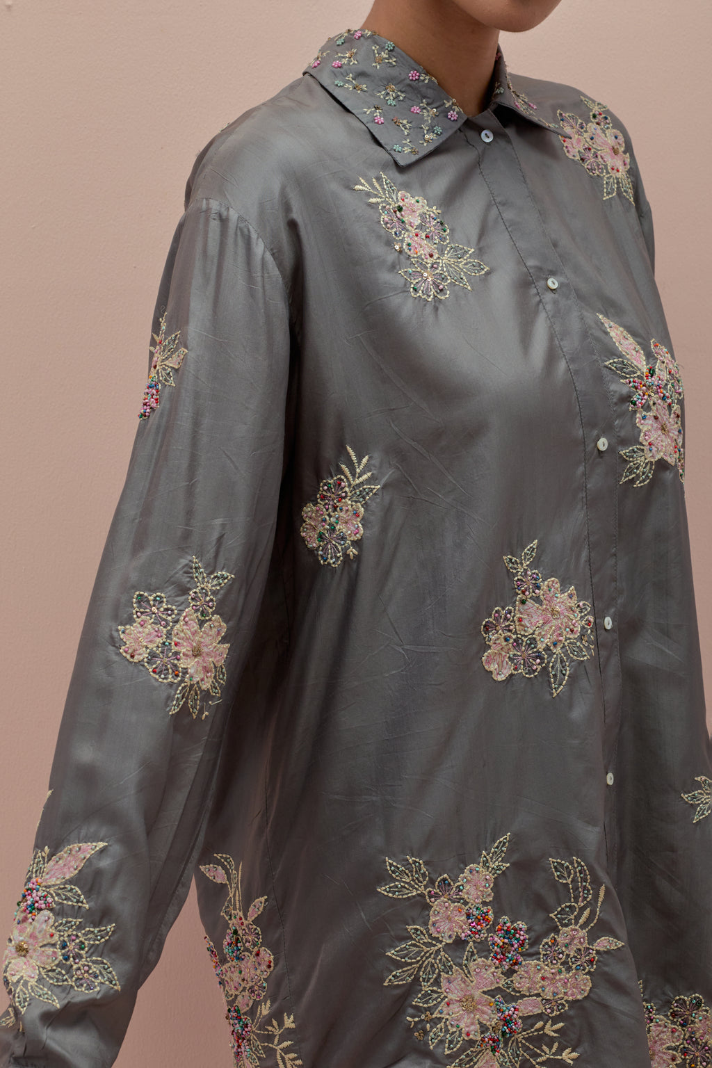 Iron grey embroidered shirt with full sleeves.