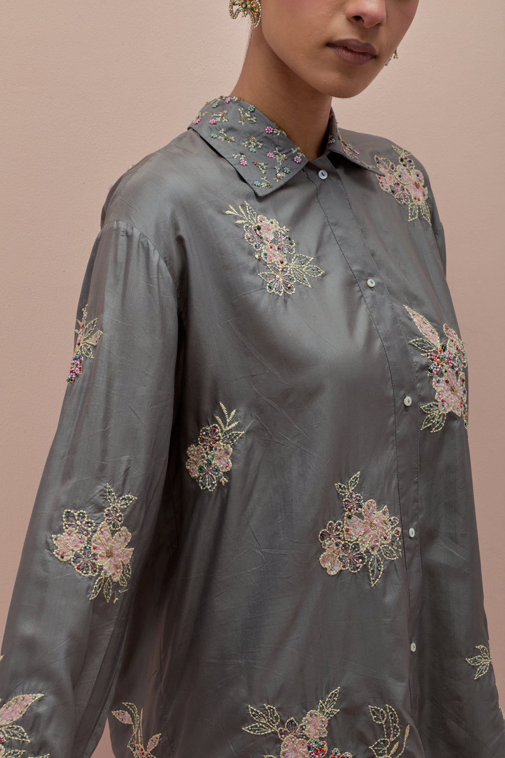 Iron grey embroidered shirt with full sleeves.