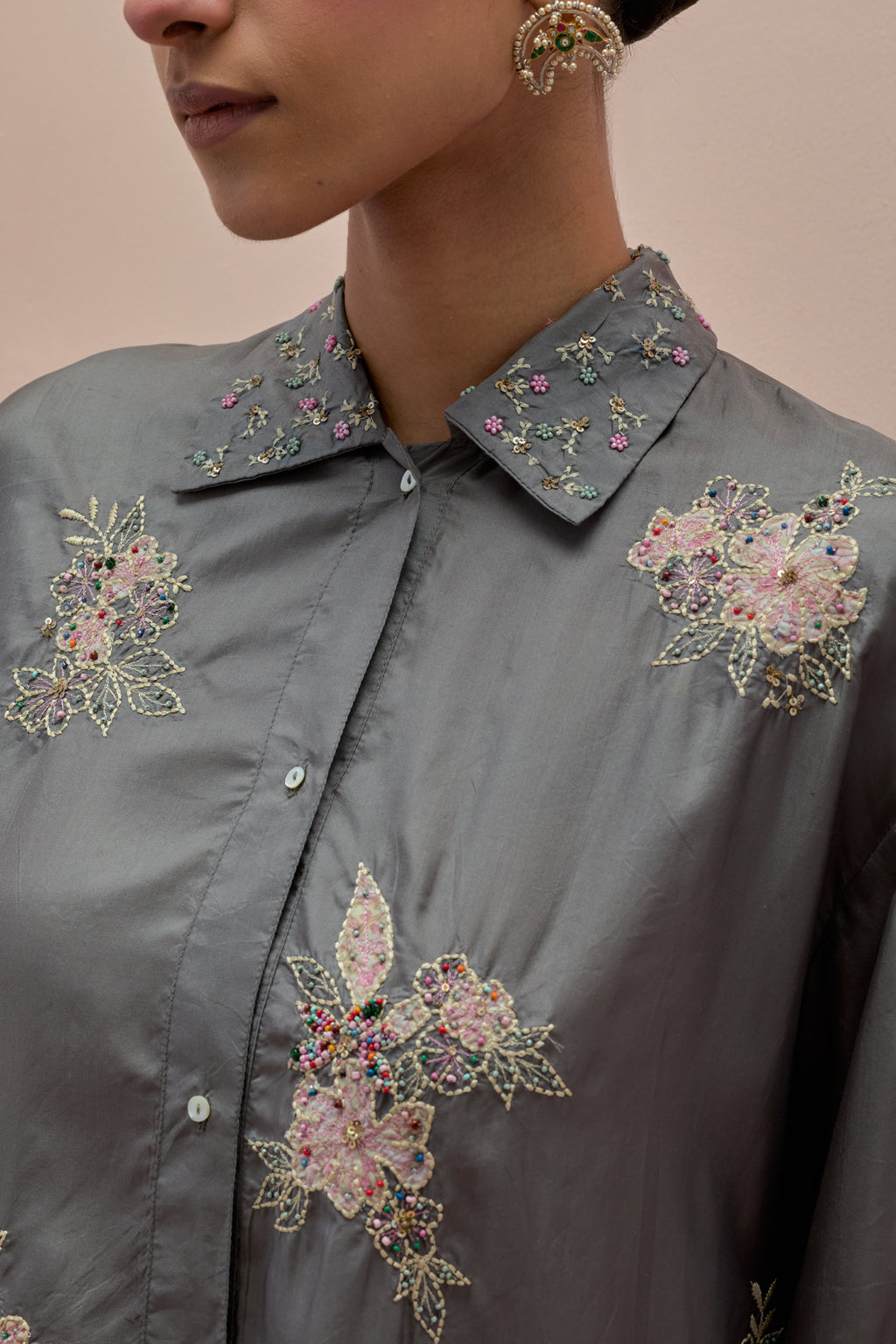 Iron grey embroidered shirt with full sleeves.