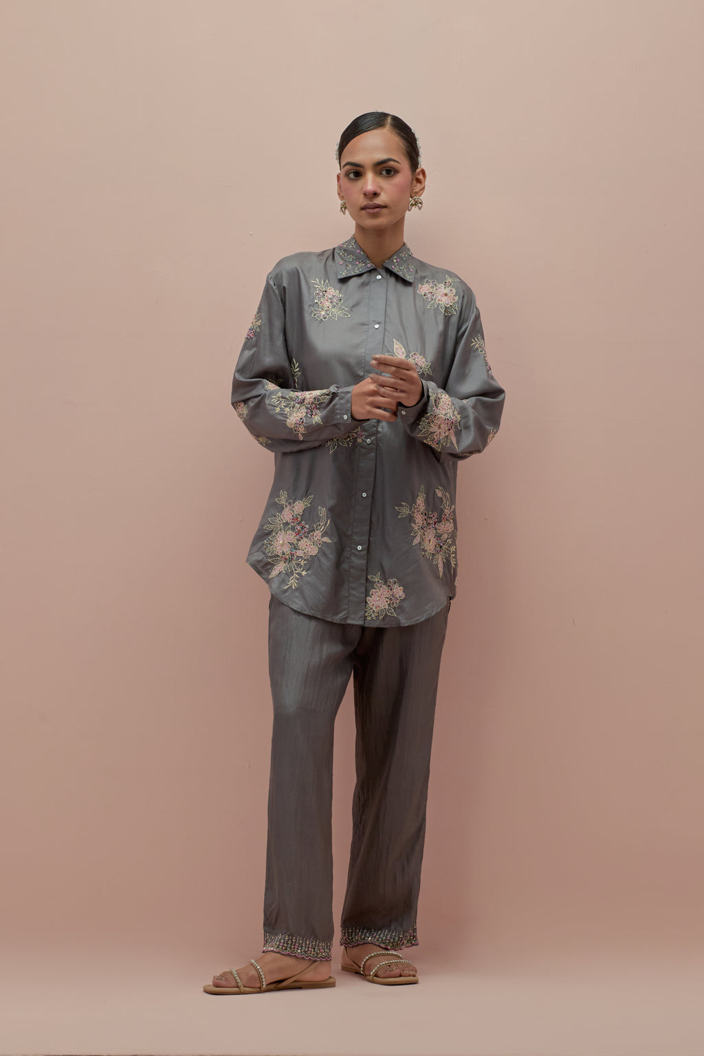 Iron grey embroidered shirt with full sleeves.