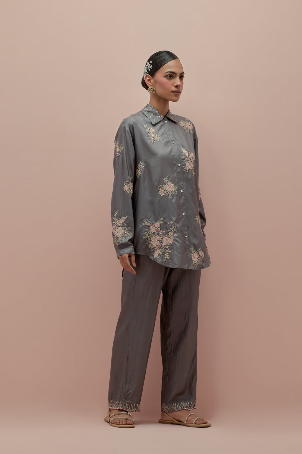 Iron grey embroidered shirt with full sleeves.