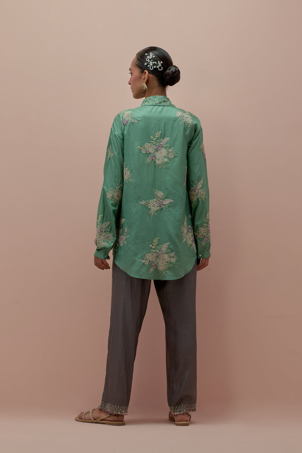 Jade green embroidered shirt with full sleeves.