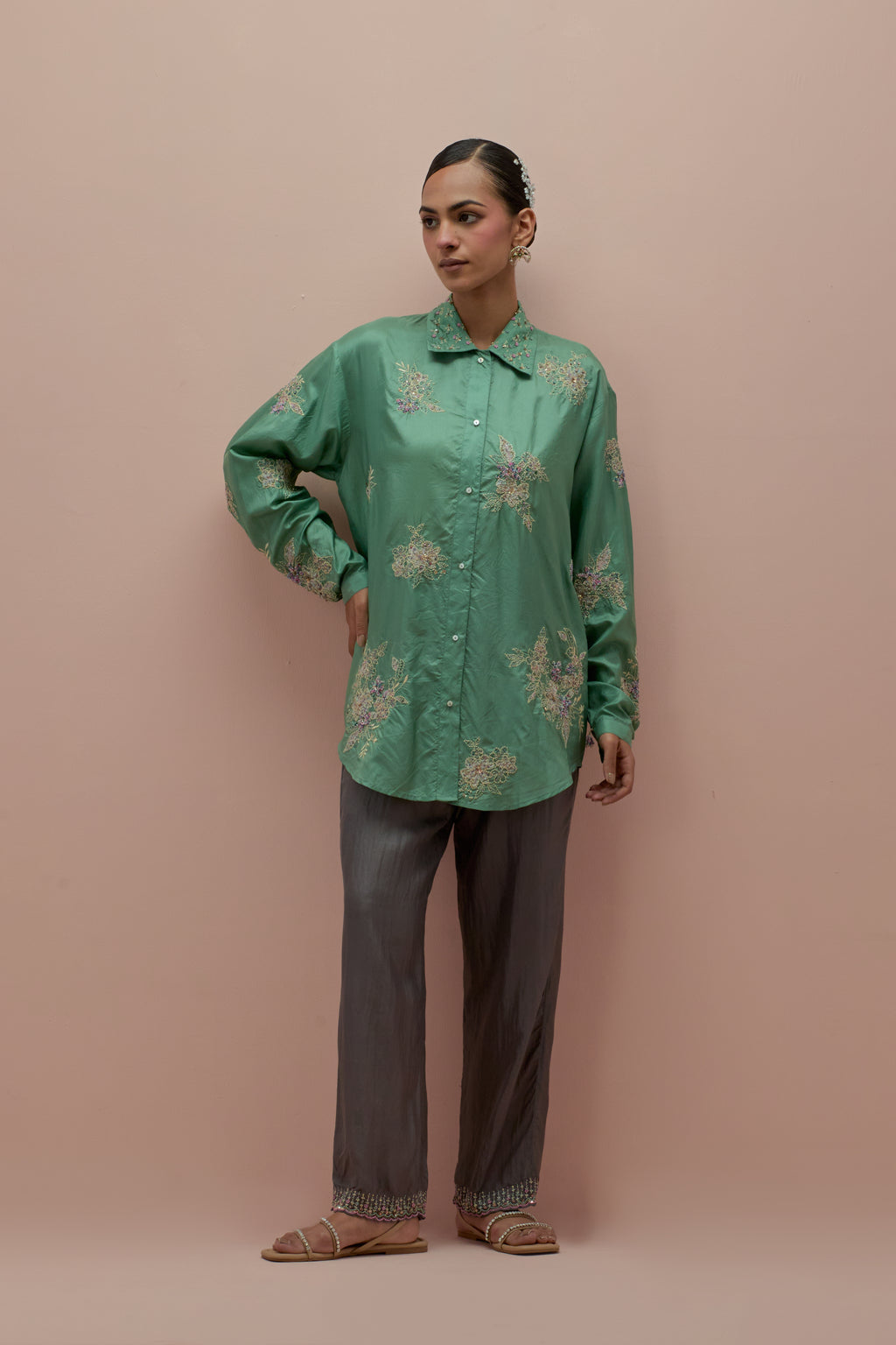 Jade green embroidered shirt with full sleeves.