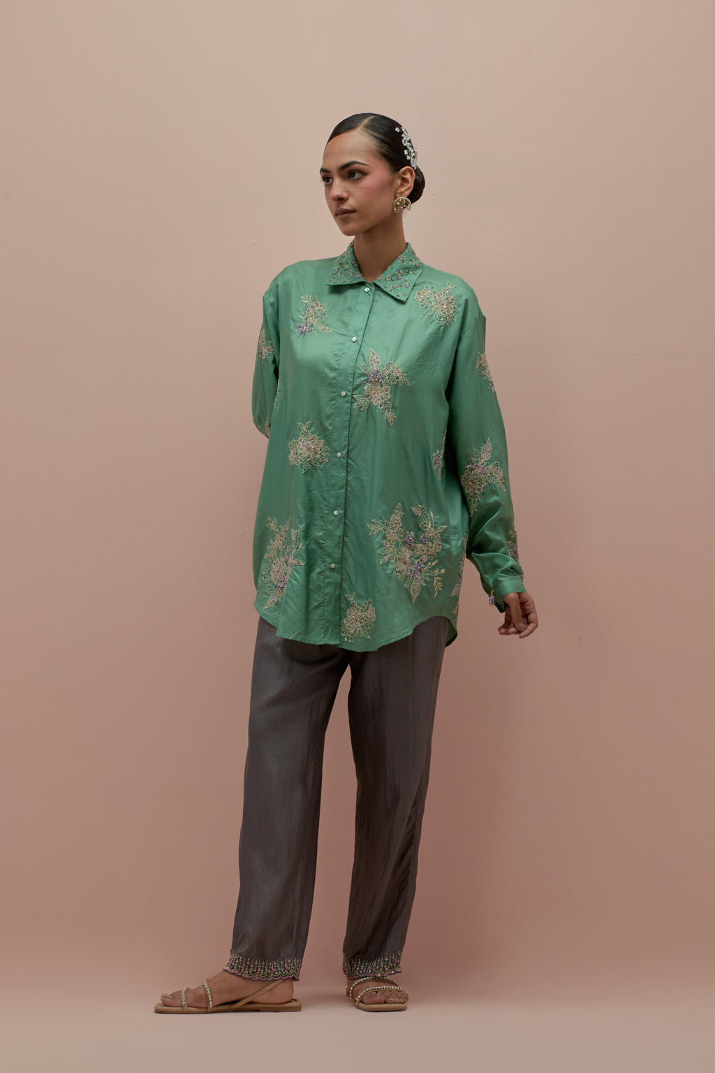 Jade green embroidered shirt with full sleeves.