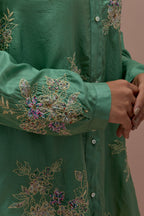Jade green embroidered shirt with full sleeves.