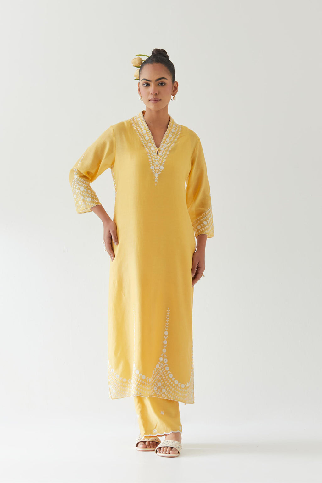 Yellow silk chanderi long straight kurta set highlighted with off white thread embroidery