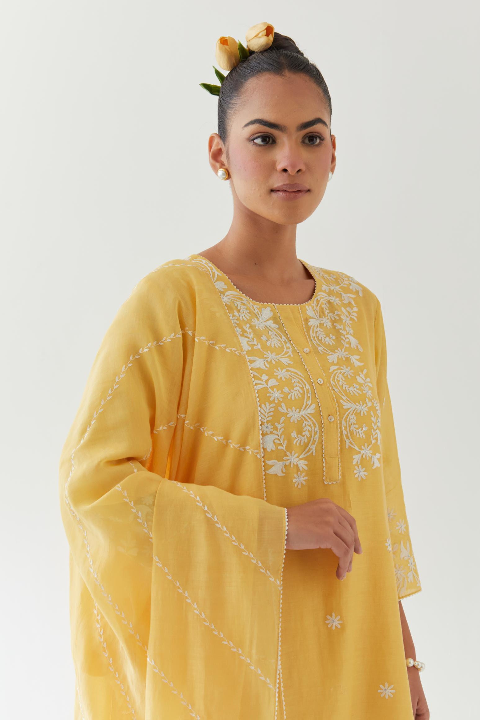 Yellow Cotton Chanderi embroidered dupatta with beaded tassels at corners