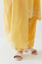 Yellow Cotton Chanderi embroidered dupatta with beaded tassels at corners