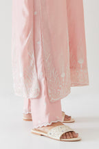 Pink silk chanderi straight kurta set highlighted with off white thread embroidery.