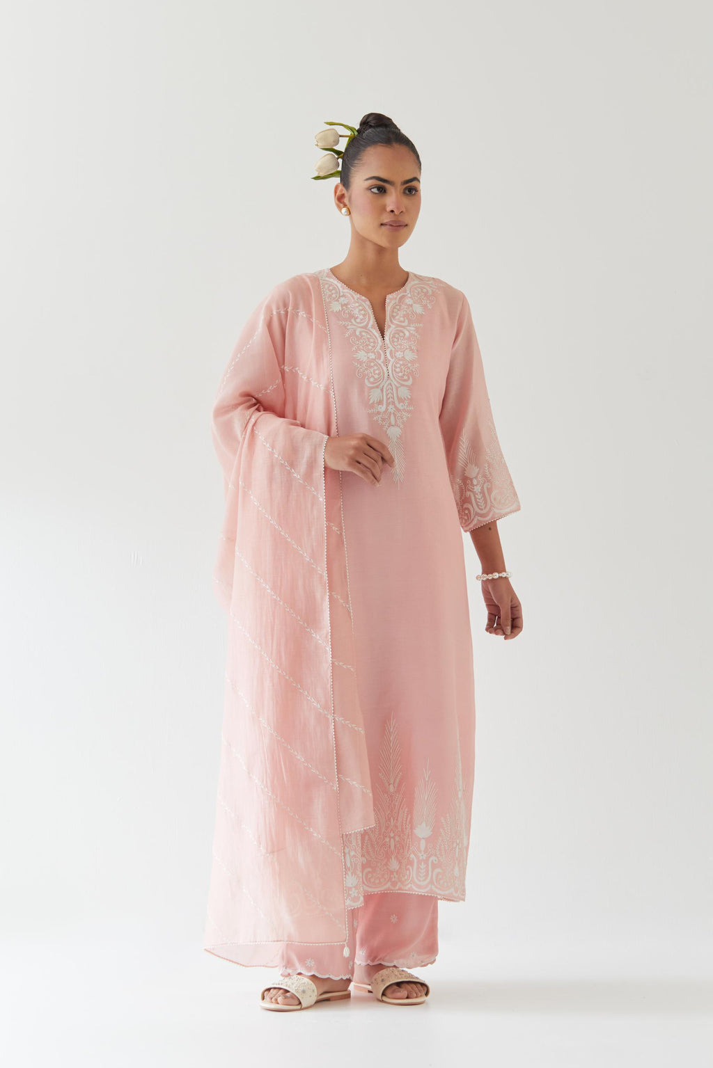 Pink Cotton Chanderi embroidered dupatta with beaded tassels at corners