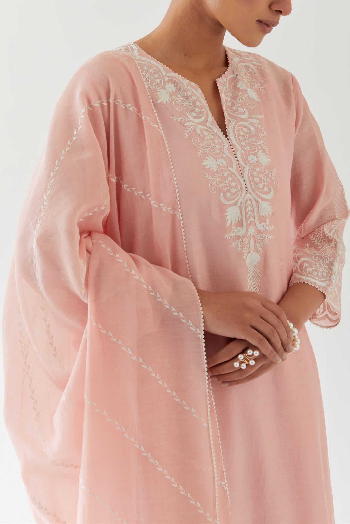 Pink Cotton Chanderi embroidered dupatta with beaded tassels at corners