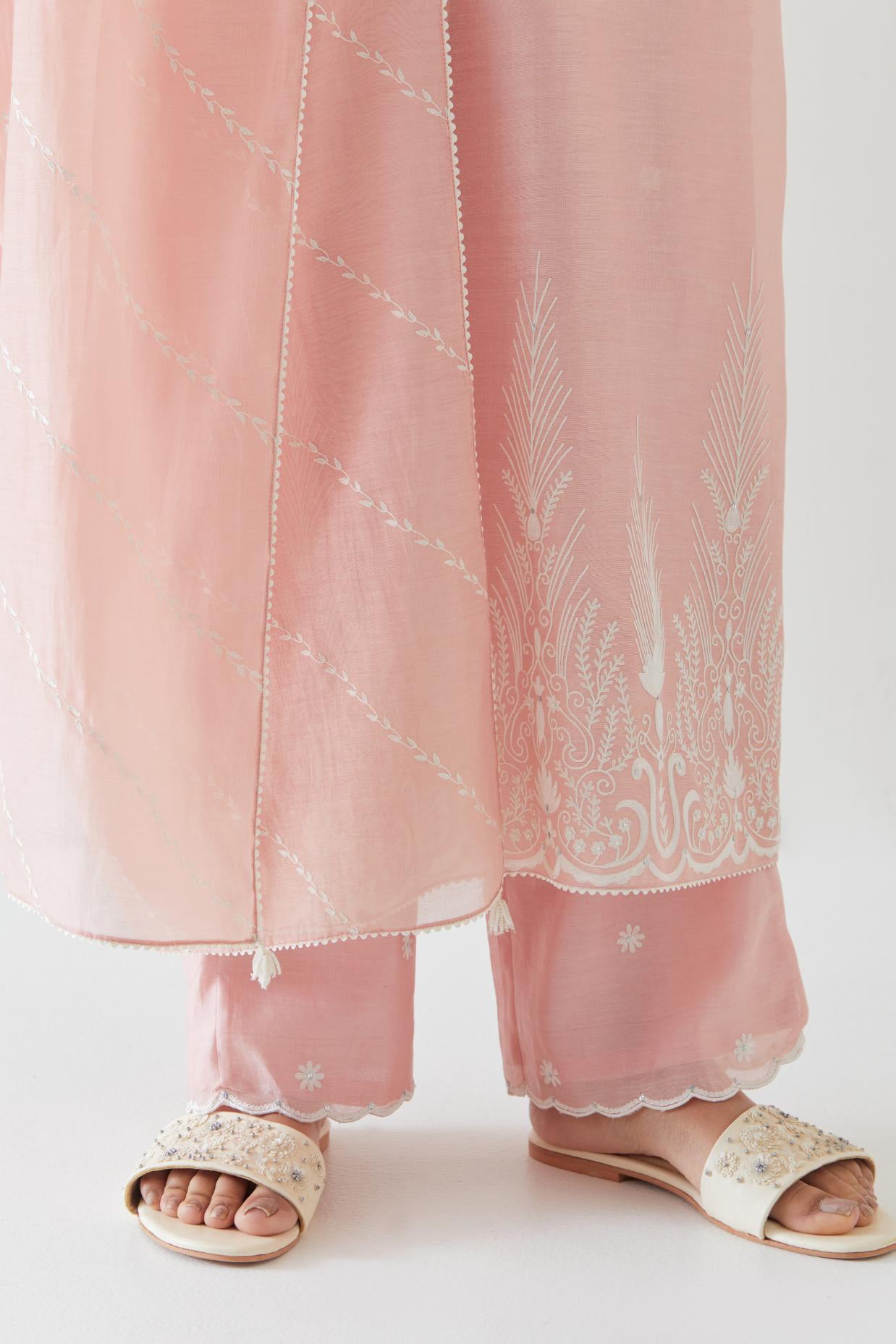 Pink Cotton Chanderi embroidered dupatta with beaded tassels at corners