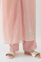 Pink silk chanderi straight kurta set highlighted with off white thread embroidery.
