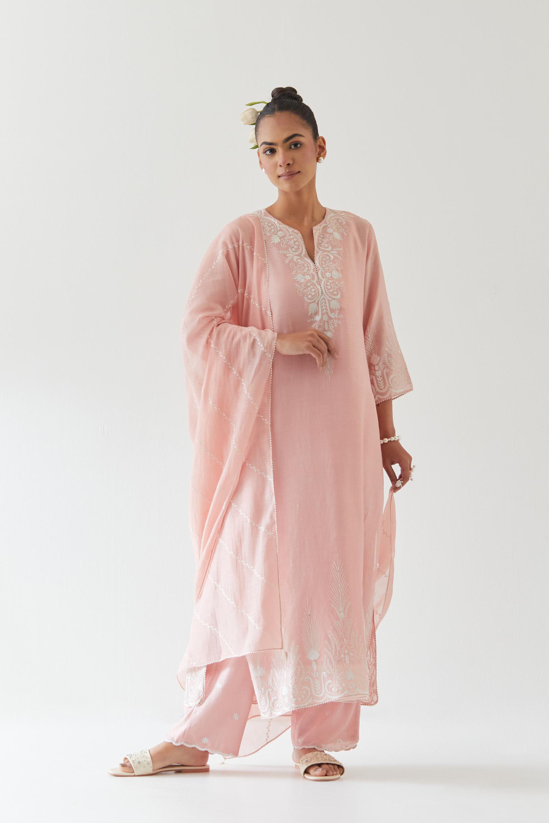 Pink Cotton Chanderi embroidered dupatta with beaded tassels at corners
