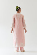 Pink silk chanderi long straight kurta set highlighted with off white thread embroidery