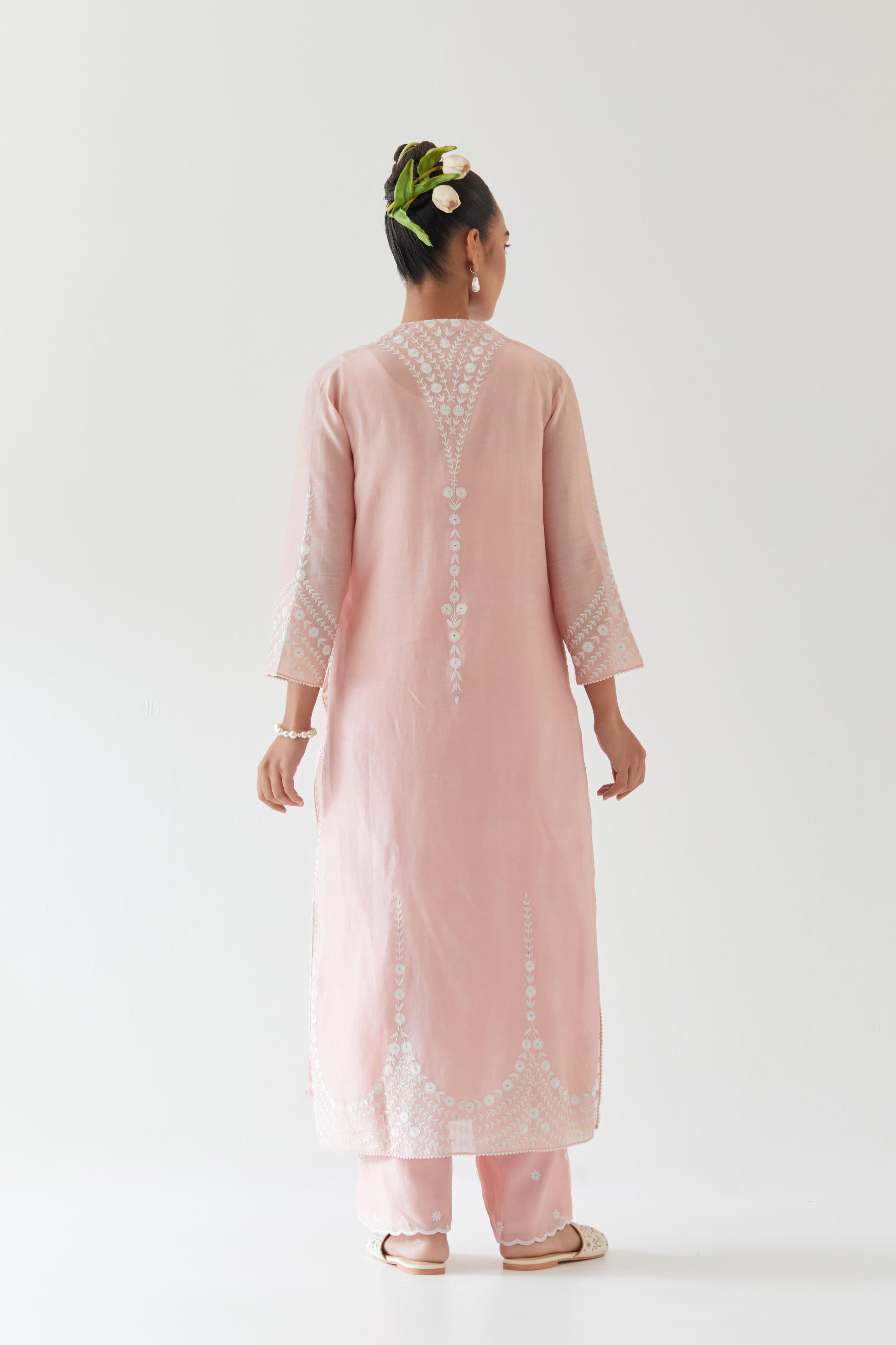 Pink silk chanderi long straight kurta set highlighted with off white thread embroidery