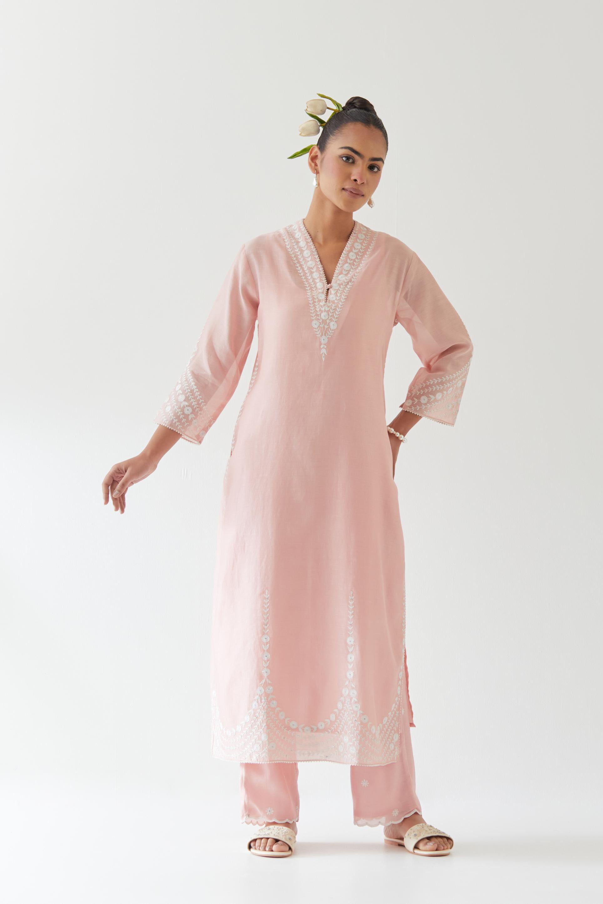 Pink silk chanderi long straight kurta set highlighted with off white thread embroidery