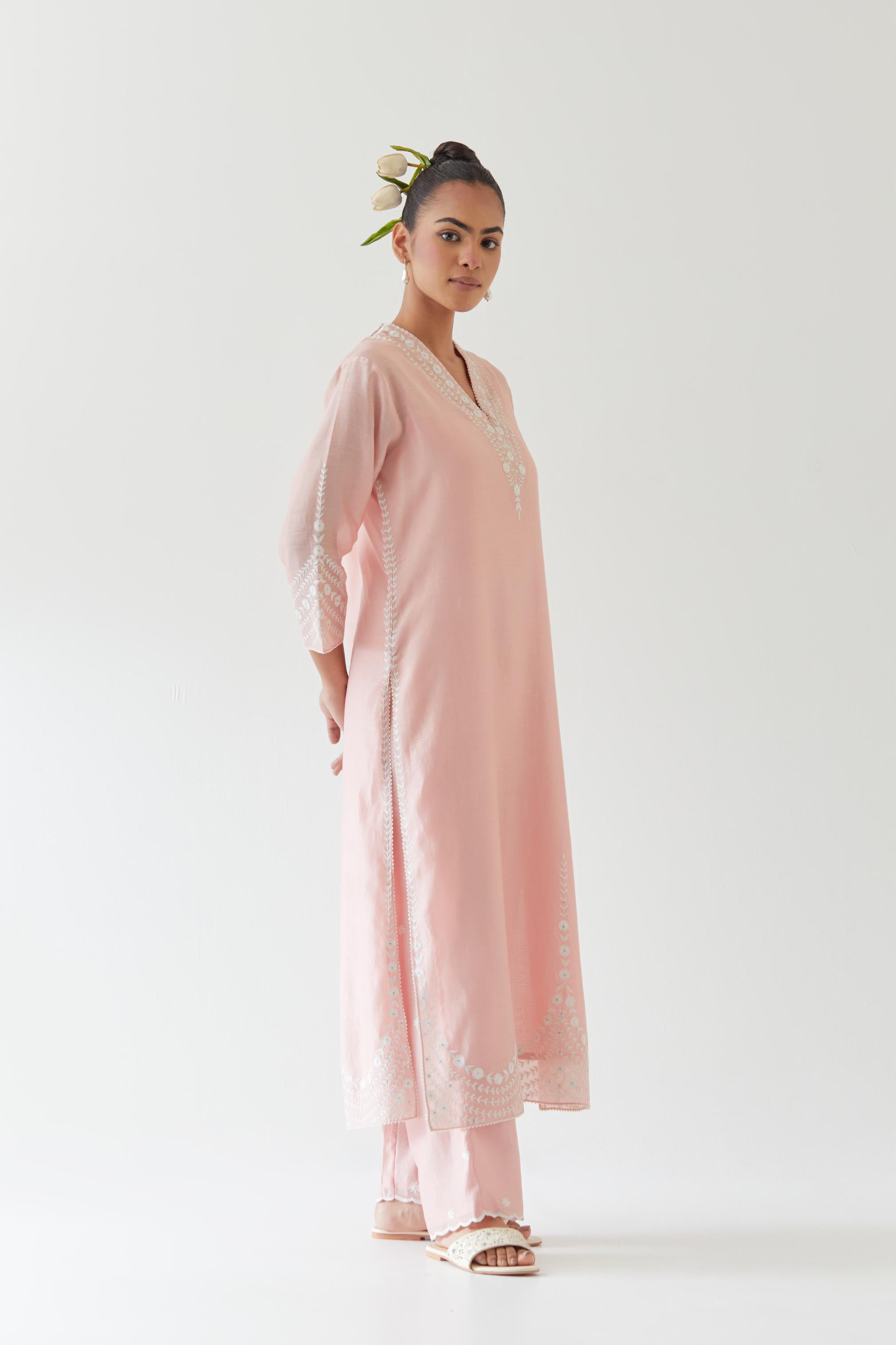 Pink silk chanderi long straight kurta set highlighted with off white thread embroidery