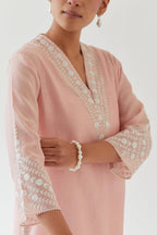 Pink silk chanderi long straight kurta set highlighted with off white thread embroidery
