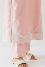 Pink silk chanderi long straight kurta set highlighted with off white thread embroidery