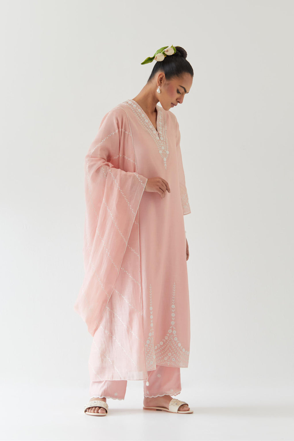 Pink silk chanderi long straight kurta set highlighted with off white thread embroidery