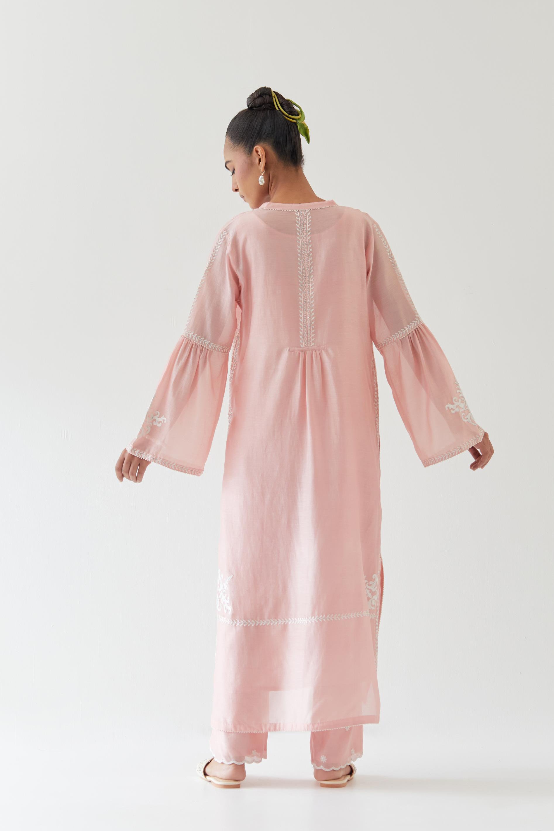 Pink silk chanderi straight kurta set with long bell sleeves, highlighted with off white thread embroidery.