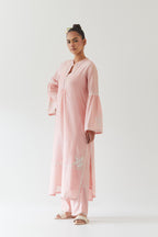Pink silk chanderi straight kurta set with long bell sleeves, highlighted with off white thread embroidery.