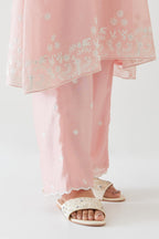 Pink silk chanderi short A-line kurta set highlighted with off white thread embroidery.