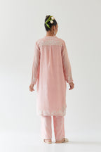 Pink silk chanderi straight short kurta set with off white thread embroidery.