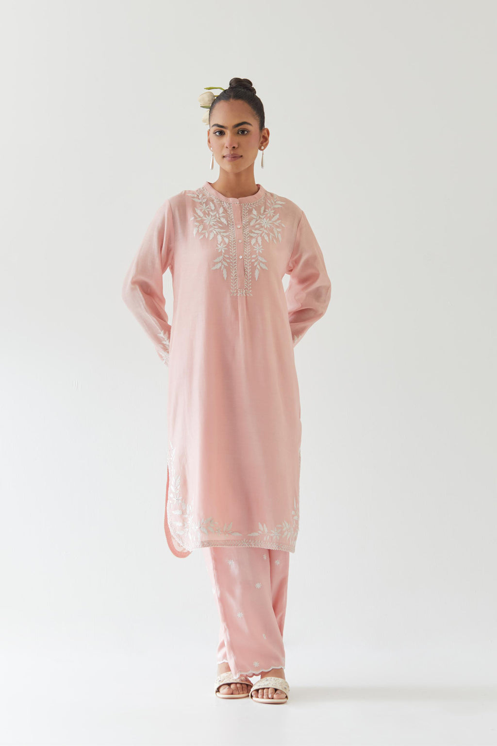 Pink silk chanderi straight short kurta set with off white thread embroidery.