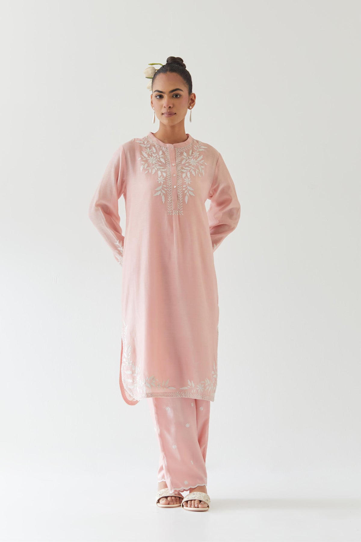 Pink silk chanderi straight short kurta set with off white thread embroidery.