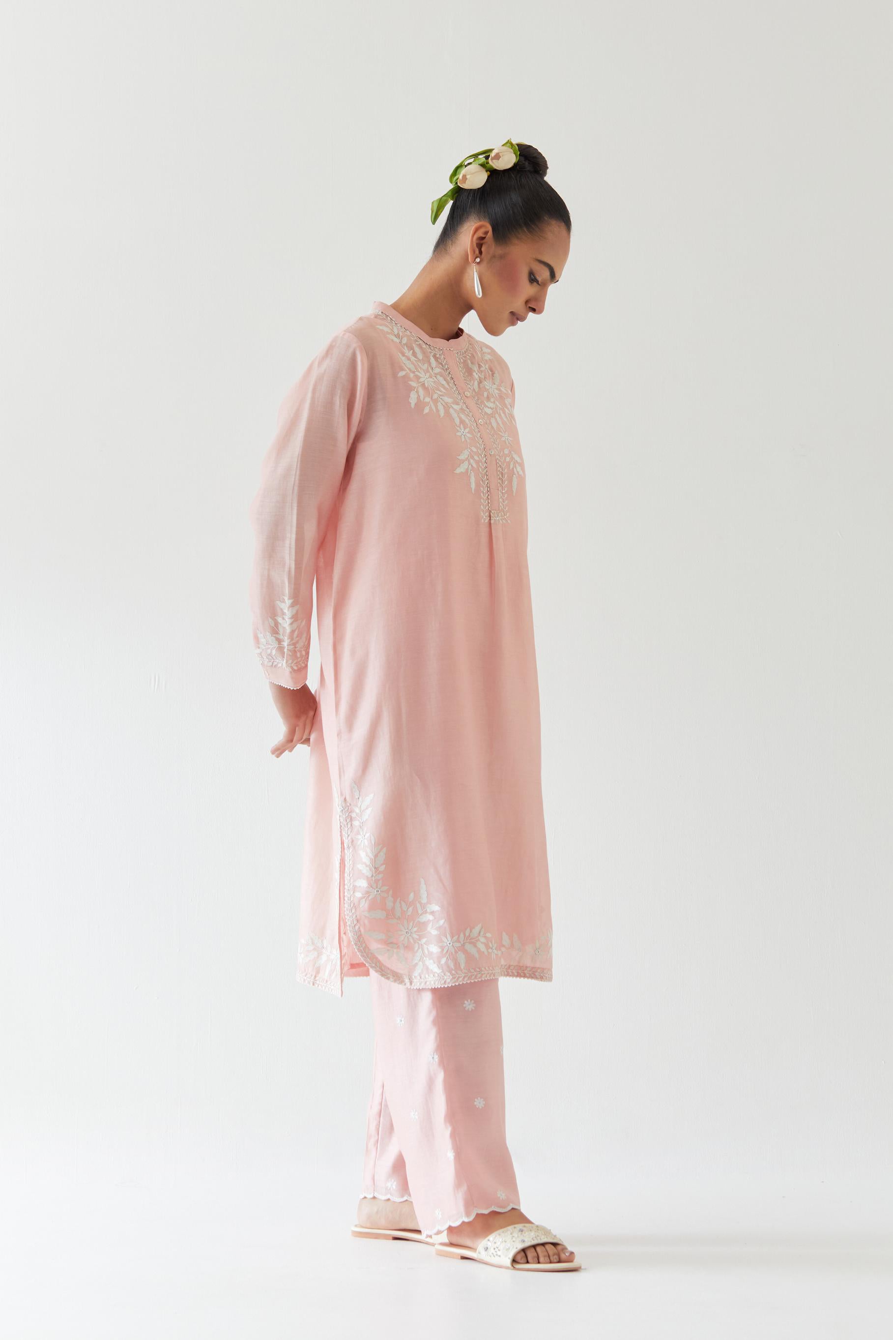 Pink silk chanderi straight short kurta set with off white thread embroidery.