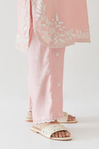 Pink silk chanderi straight short kurta set with off white thread embroidery.