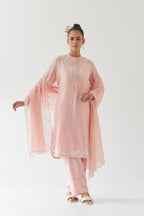 Pink silk chanderi straight short kurta set with off white thread embroidery.