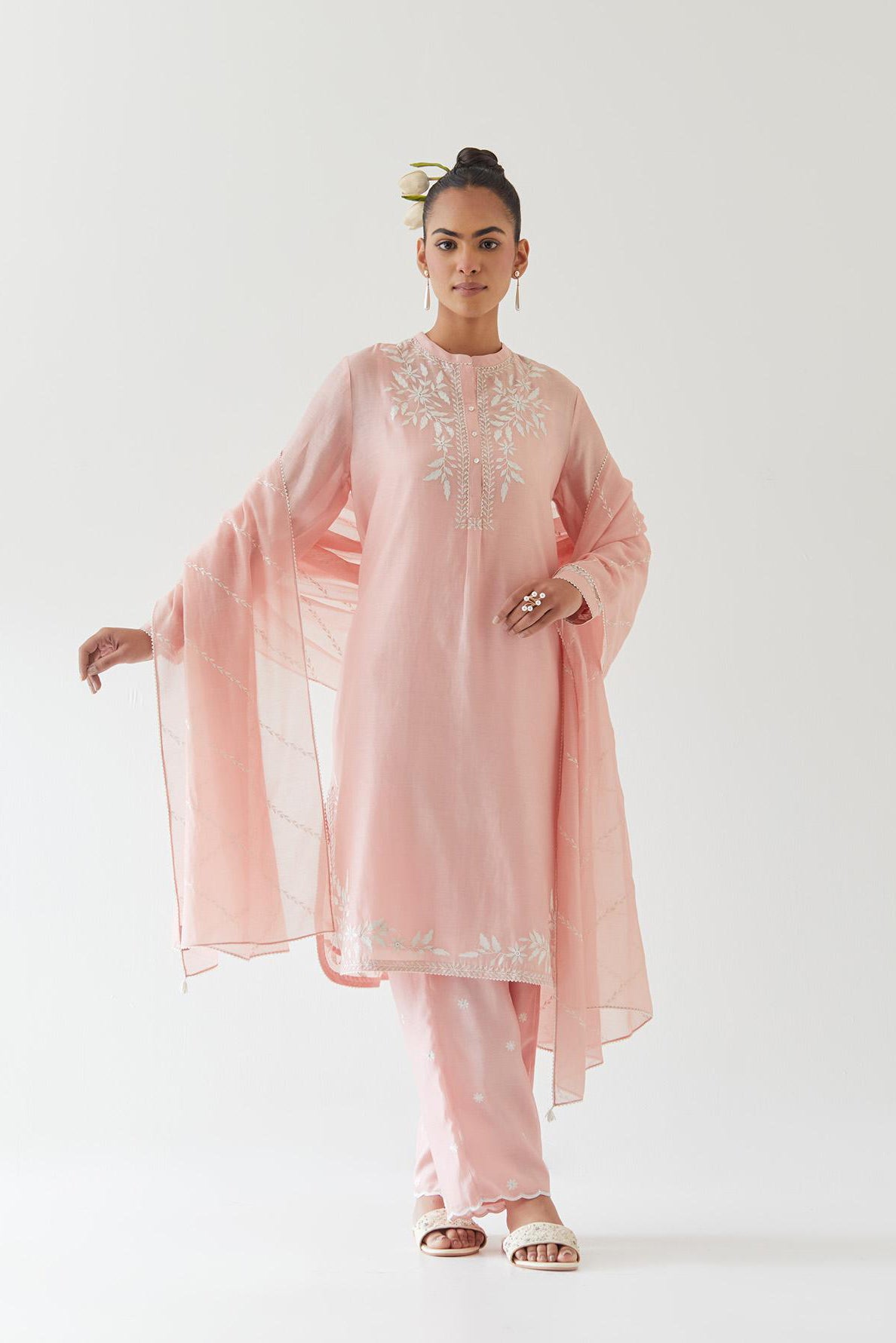 Pink silk chanderi straight short kurta set with off white thread embroidery.