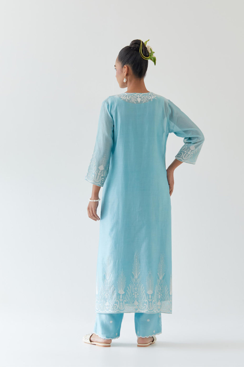 Blue silk chanderi straight kurta set highlighted with off white thread embroidery.