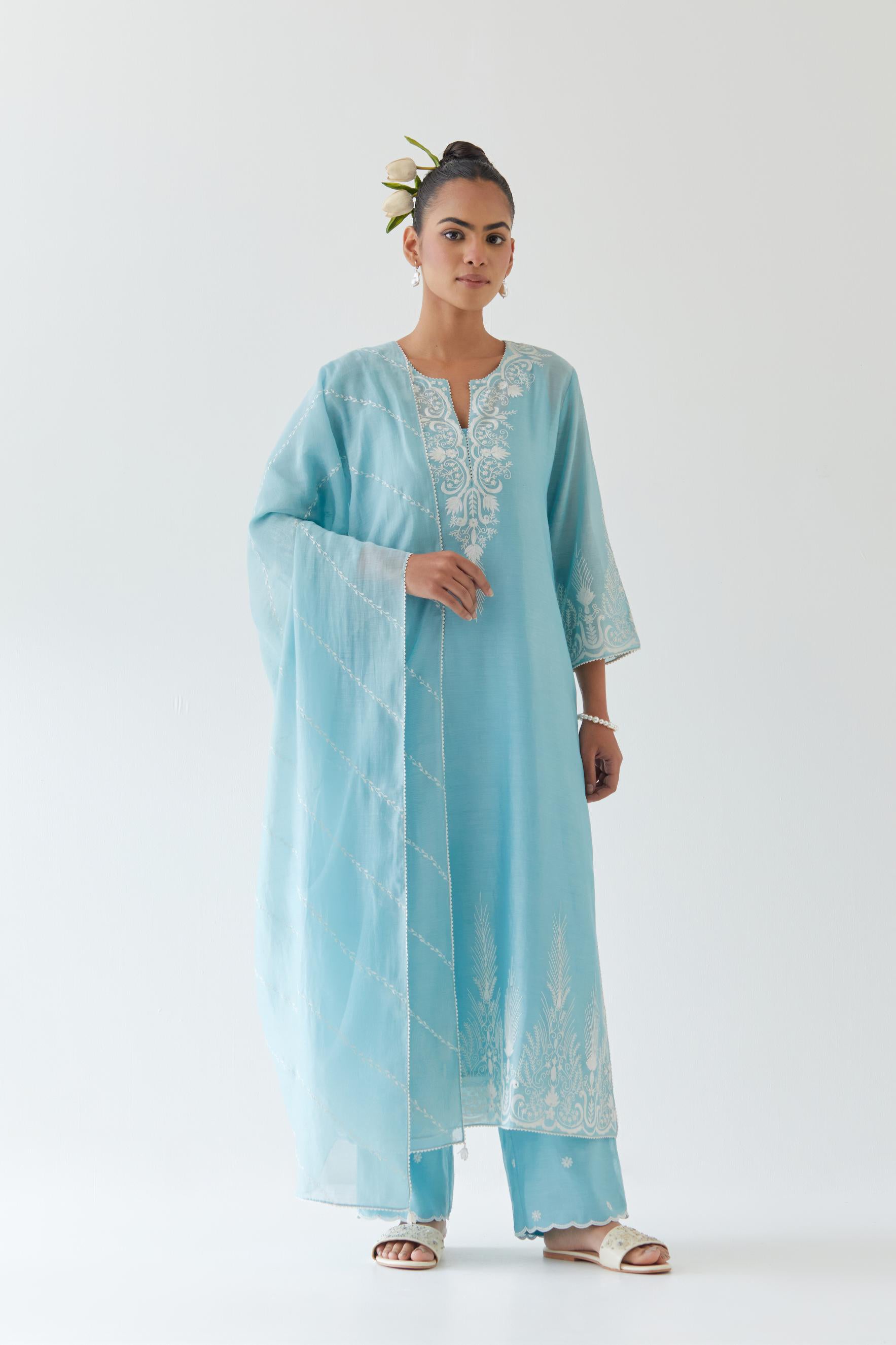 Blue Cotton Chanderi embroidered dupatta with beaded tassels at corners