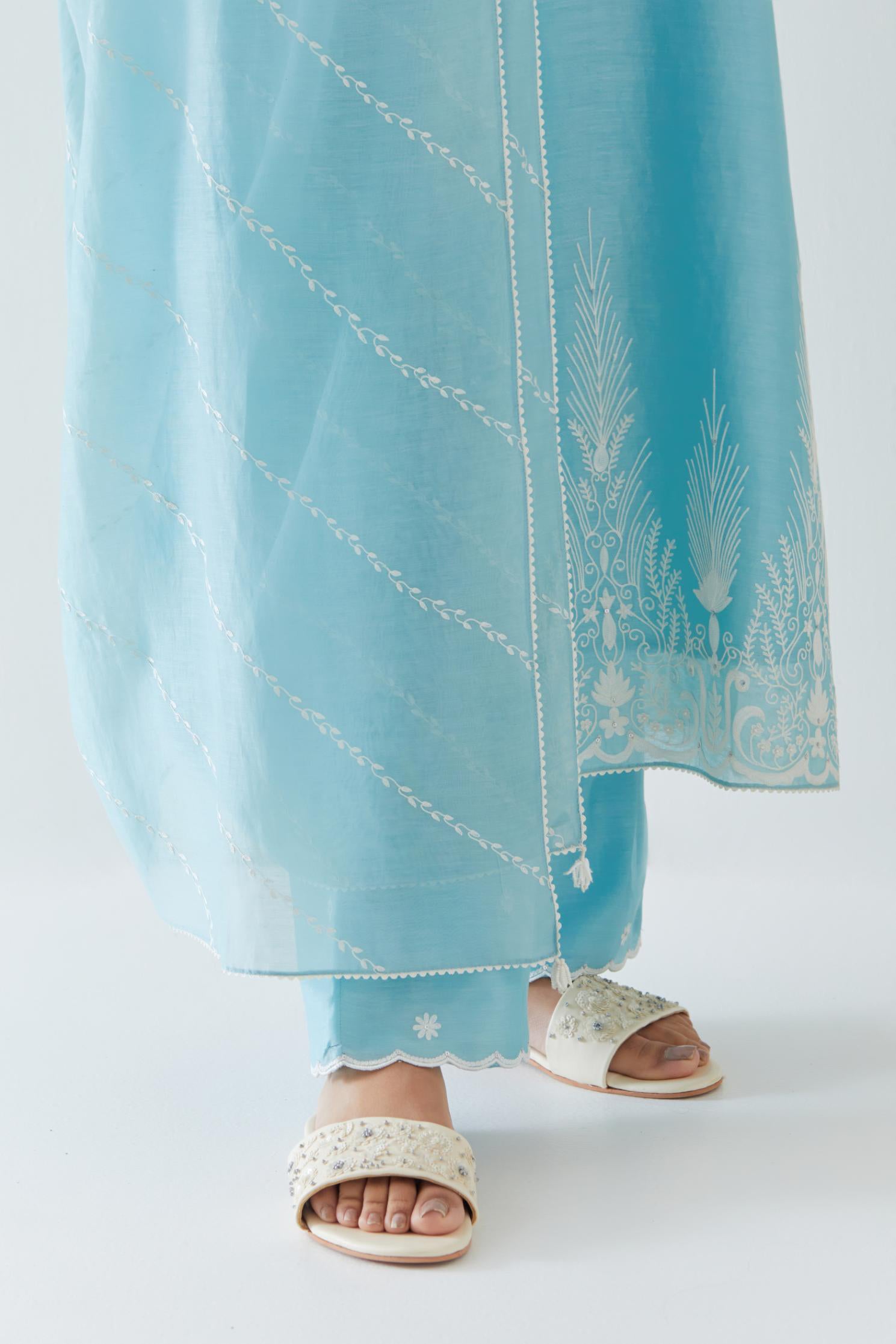 Blue Cotton Chanderi embroidered dupatta with beaded tassels at corners