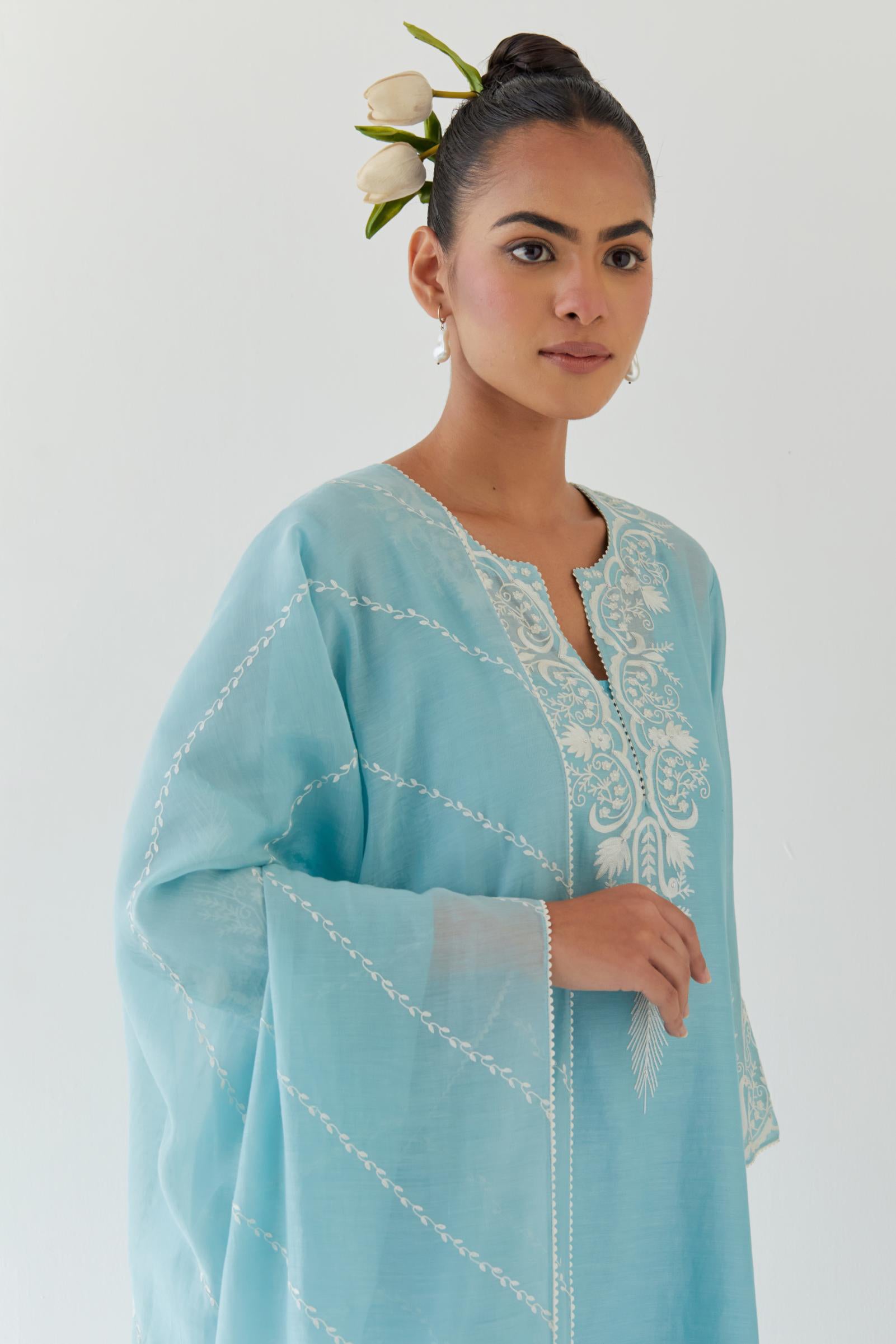 Blue Cotton Chanderi embroidered dupatta with beaded tassels at corners